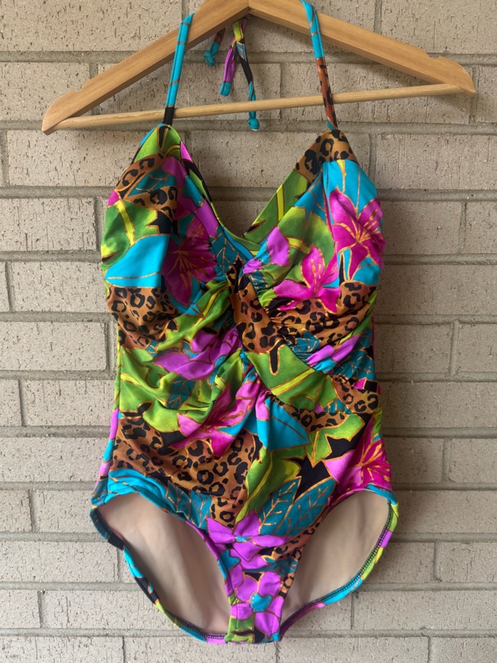 Vintage Tropical Floral Underwire One-Piece Swimsuit Multicolor Leopard Size L
